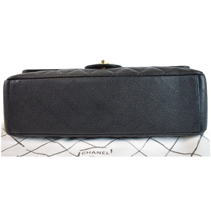CHANEL Maxi Double Flap Caviar Leather Shoulder Bag Black
