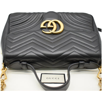 GUCCI GG Marmont Medium Matelasse Leather Top Handle Shoulder Bag Black 498109