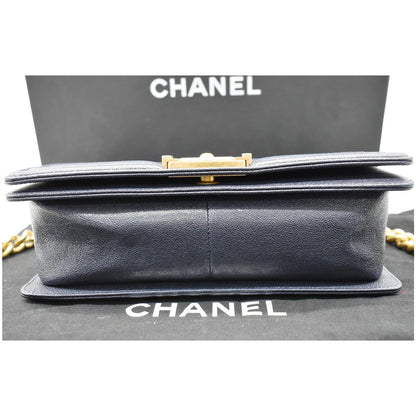 CHANEL Medium Boy Flap Quilted Leather Shoulder Bag Navy Blue