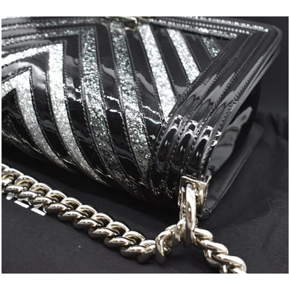 CHANEL Medium Boy Chevron Patent Glitter PVC Shoulder Bag Black