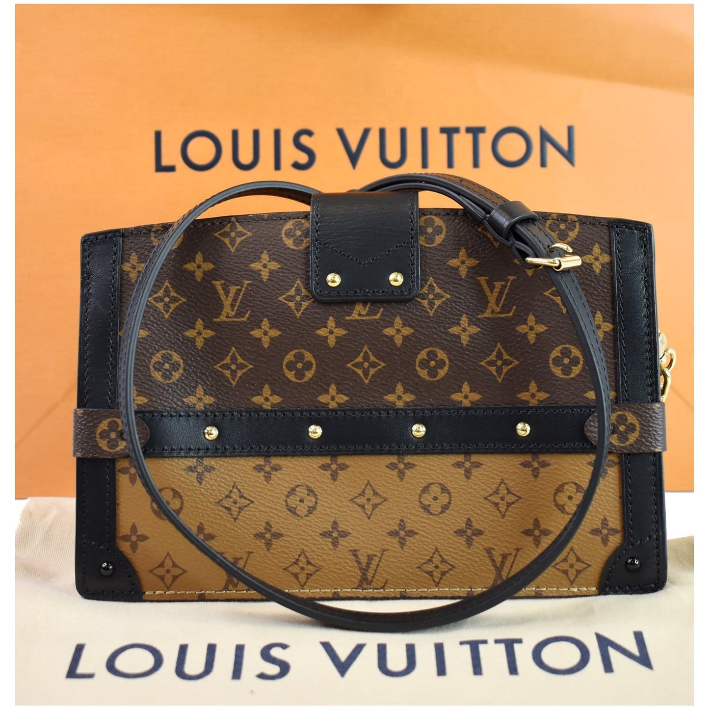 LOUIS VUITTON Petit Soft Malle Reverse Monogram Clutch Shoulder Bag Brown