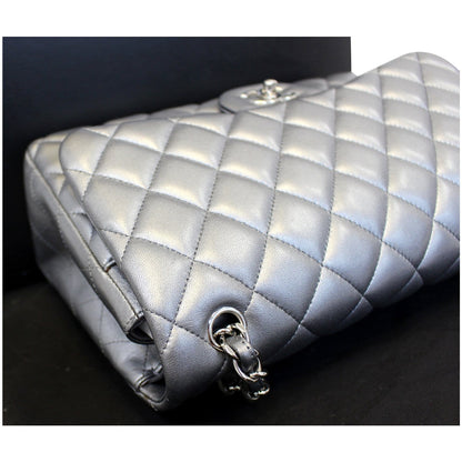 CHANEL Jumbo Calfskin Leather Double Flap Silver Shoulder Bag