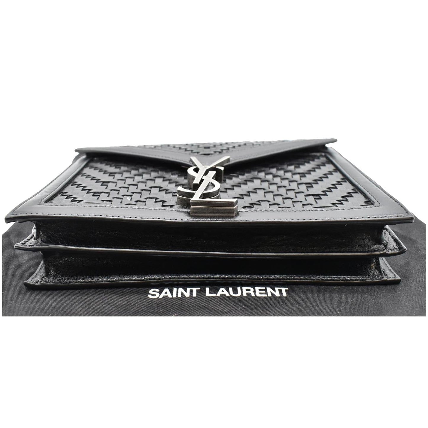 YVES SAINT LAURENT Cassandra Medium Woven Leather Chain Shoulder Bag Black