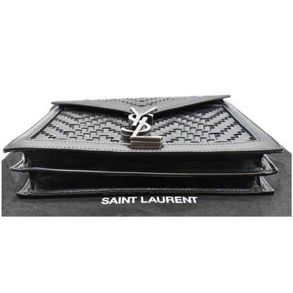 YVES SAINT LAURENT Cassandra Medium Woven Leather Chain Shoulder Bag Black
