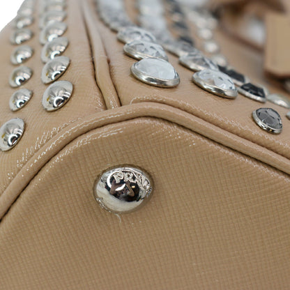 PRADA Women Vernice Crystal Studded Saffiano Leather Top Handle Shoulder Bag Beige