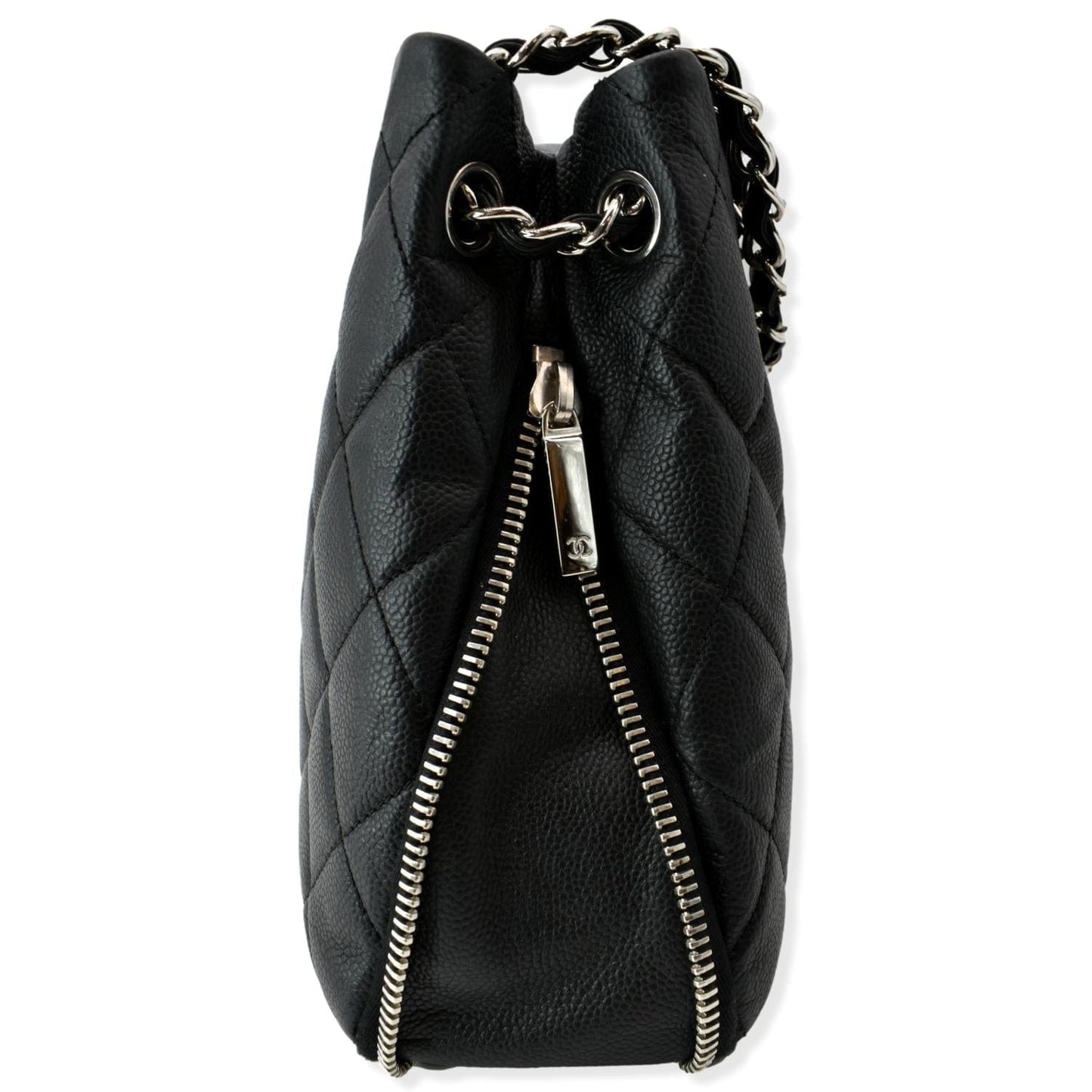 CHANEL Expandable Zip Around Caviar Quilted Tote Shoulder Bag Black