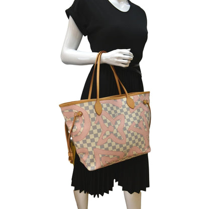 LOUIS VUITTON Neverfull MM Tahitienne Damier Azur Shoulder Bag Pink