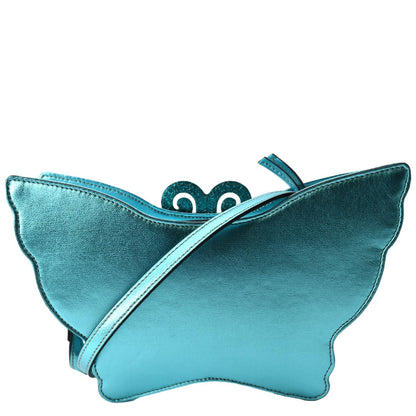 Gucci Kid's Glitter Butterfly Leather Shoulder Bag Metallic Blue 648809