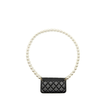 Chanel CC Logo Clutch with Giant Pearl Chain Lambskin Black L