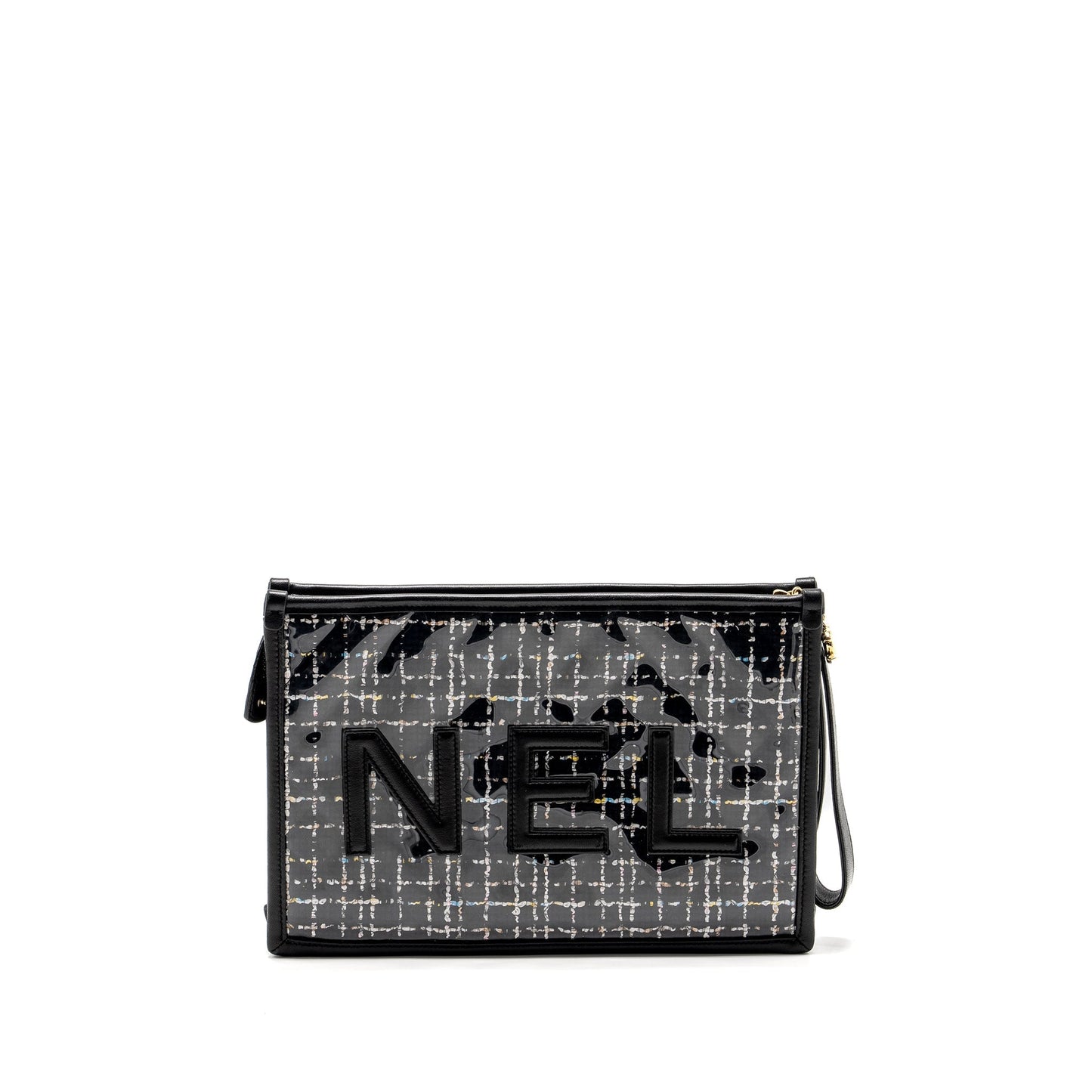 Chanel Letter Logo Clutch Bag Tweed PVC/Lambskin Black L