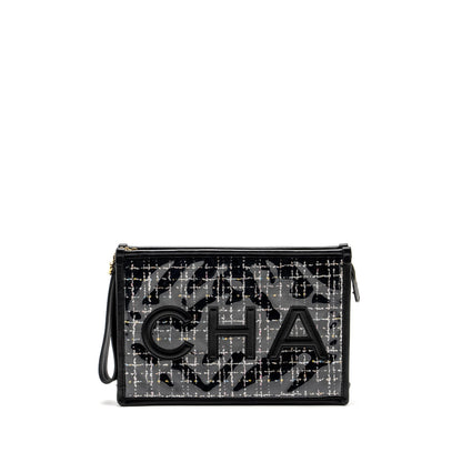 Chanel Letter Logo Clutch Bag Tweed PVC/Lambskin Black L