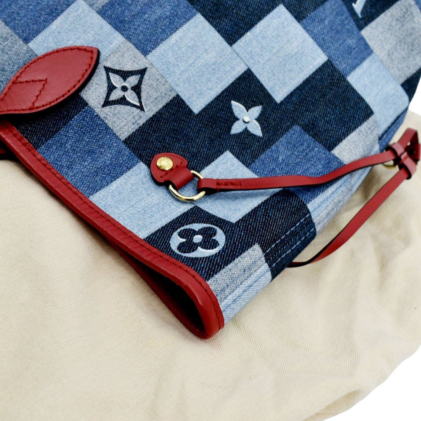 LOUIS VUITTON Neverfull MM Patchwork Monogram Denim Shoulder Bag Blue