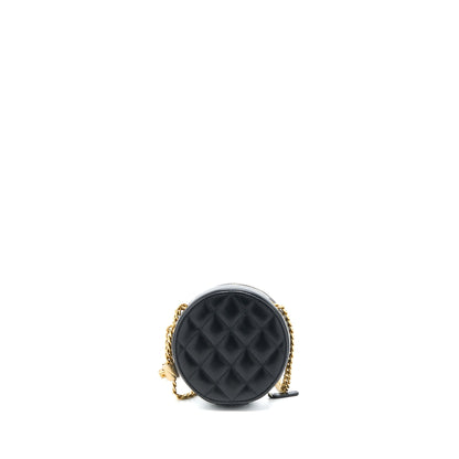Chanel 22K Gold Pillar Round Clutch With Chain Lambskin Black Brushed