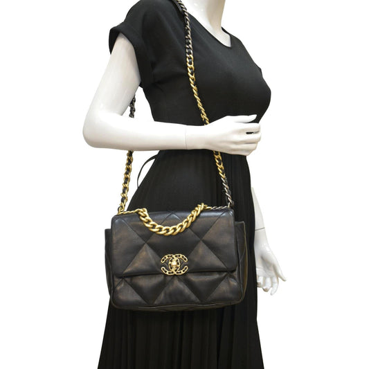 CHANEL 19 Small Flap Quilted Lambskin Leather Shoulder Bag Black
