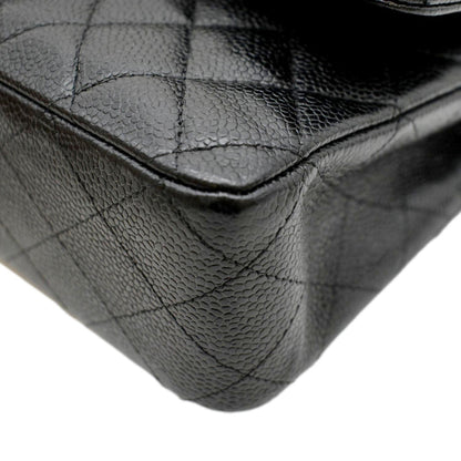 CHANEL Classic Medium Double Flap Quilted Caviar Leather Shoulder Bag Black