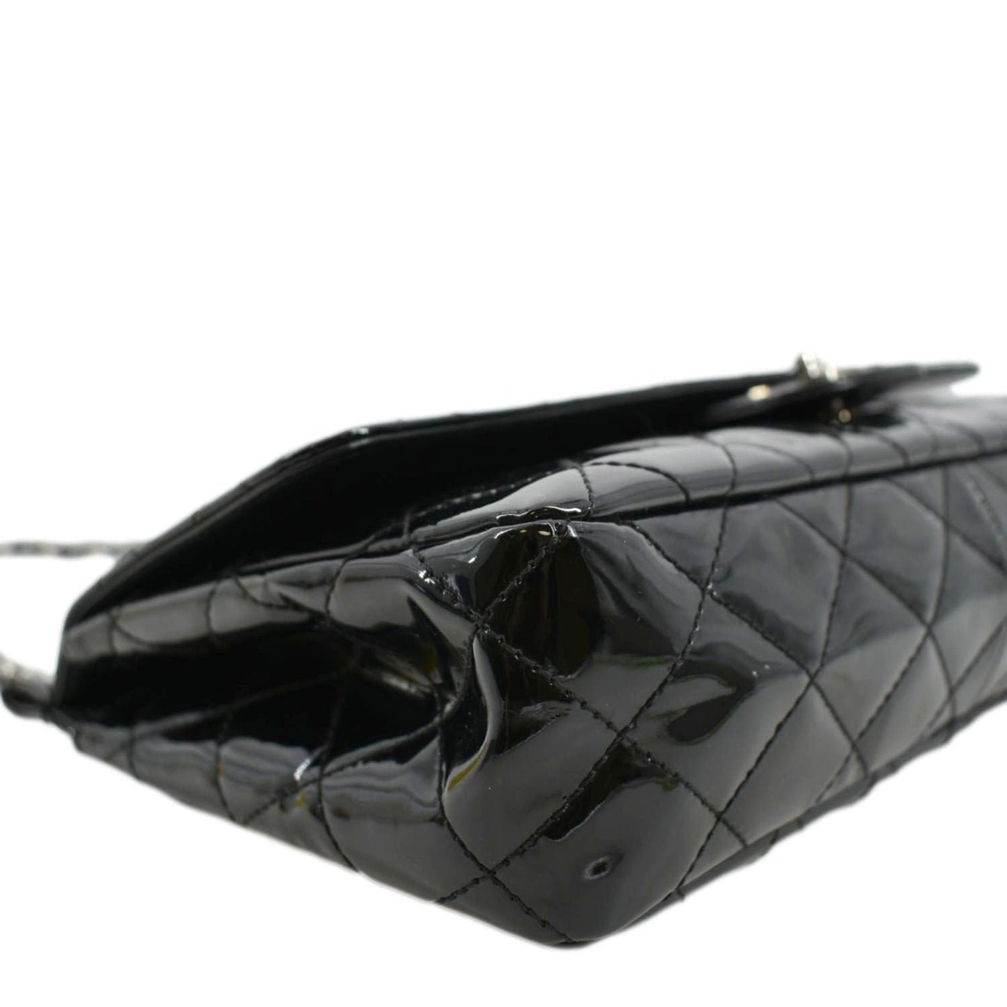 CHANEL Through Flap Quilted Patent Leather Shoulder Bag Black