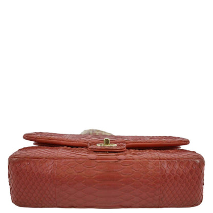 CHANEL Classic Medium Double Flap Python Leather Shoulder Bag Red