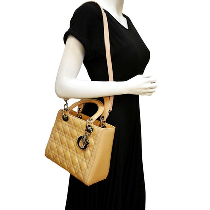 CHRISTIAN DIOR Medium Lady Dior Cannage Lambskin Leather Shoulder Bag Yellow