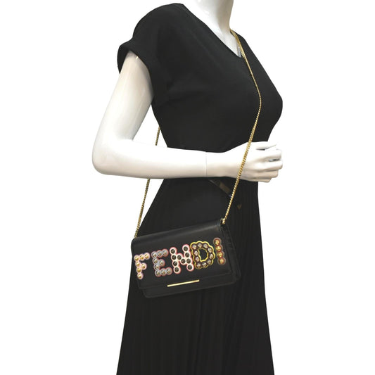 FENDI Studded Logo Woc Leather Crossbody Clutch Black
