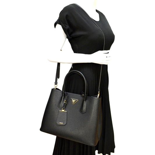PRADA Double-Zip Saffiano Leather Shoulder Tote Bag Black