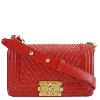CHANEL Boy Flap Small Chevron Leather Shoulder Bag Red