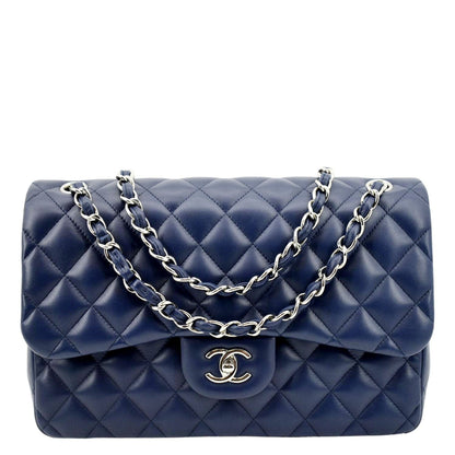 CHANEL Classic Jumbo Double Flap Quilted Caviar Leather Shoulder Bag Blue