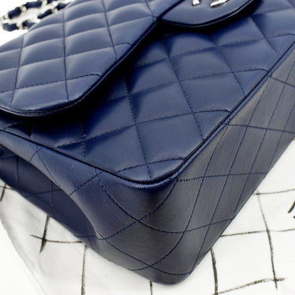 CHANEL Classic Jumbo Double Flap Quilted Caviar Leather Shoulder Bag Blue