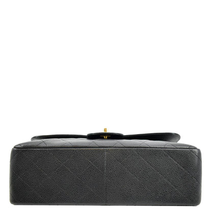 CHANEL Classic Jumbo Double Flap Quilted Caviar Leather Shoulder Bag Black