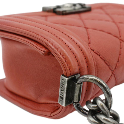 CHANEL Double Stitch Small Boy Flap Quilted Leather Shoulder Bag Red