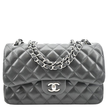 CHANEL Classic Medium Double Flap Quilted Lambskin Leather Shoulder Bag Black