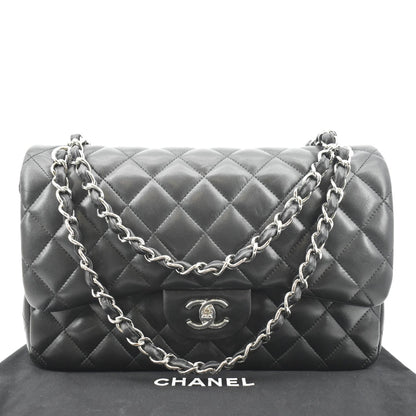 CHANEL Classic Medium Double Flap Quilted Lambskin Leather Shoulder Bag Black