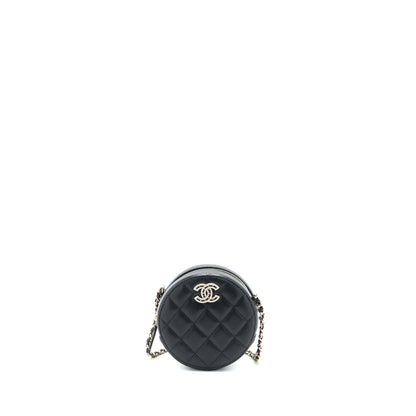 Chanel Crystal CC Logo Round Clutch with Chain Caviar Black L