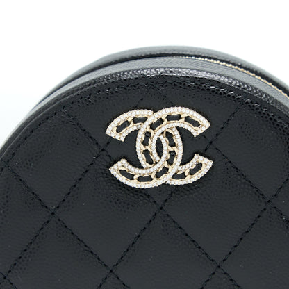Chanel Crystal CC Logo Round Clutch with Chain Caviar Black L