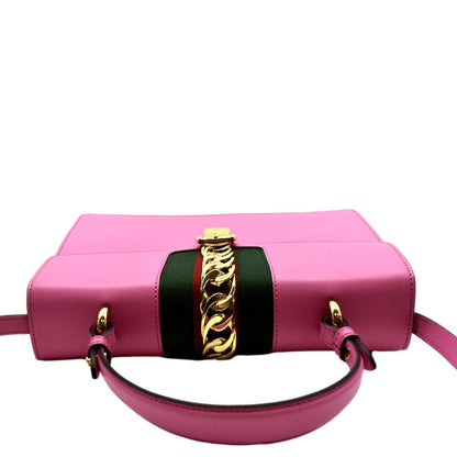 GUCCI Sylvie Medium Web Smooth Leather Top Handle Shoulder Bag Pink 431665