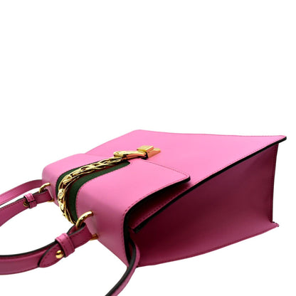 GUCCI Sylvie Medium Web Smooth Leather Top Handle Shoulder Bag Pink 431665