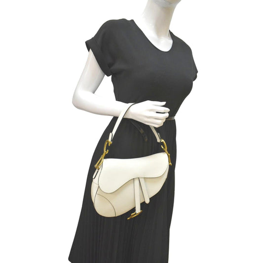 CHRISTIAN DIOR Saddle Grained Calfskin Leather Shoulder Bag Ivory