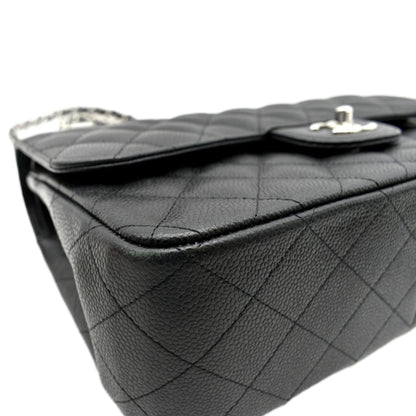 CHANEL Classic Jumbo Double Flap Quilted Caviar Leather Shoulder Bag Black