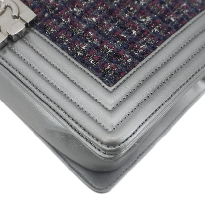 CHANEL Boy Flap Tweed Bag Shoulder Bag Silver