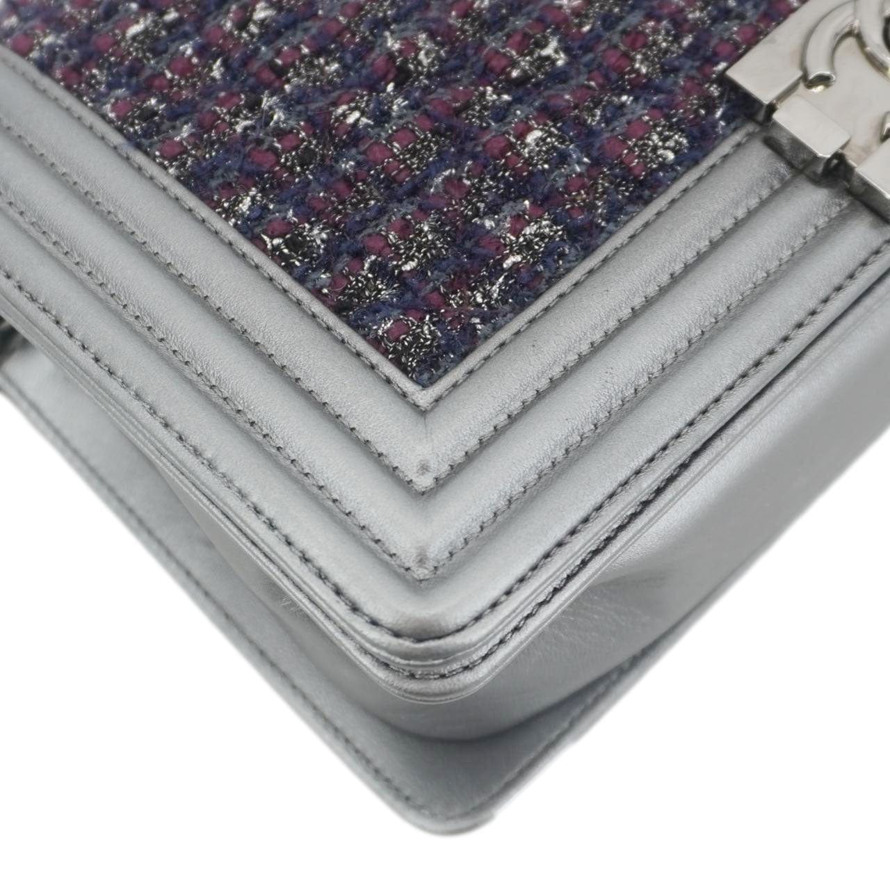 CHANEL Boy Flap Tweed Bag Shoulder Bag Silver