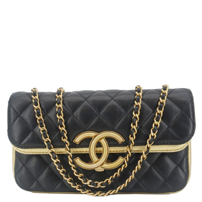 CHANEL CC Double Flap Quilted Leather Shoulder Bag Black