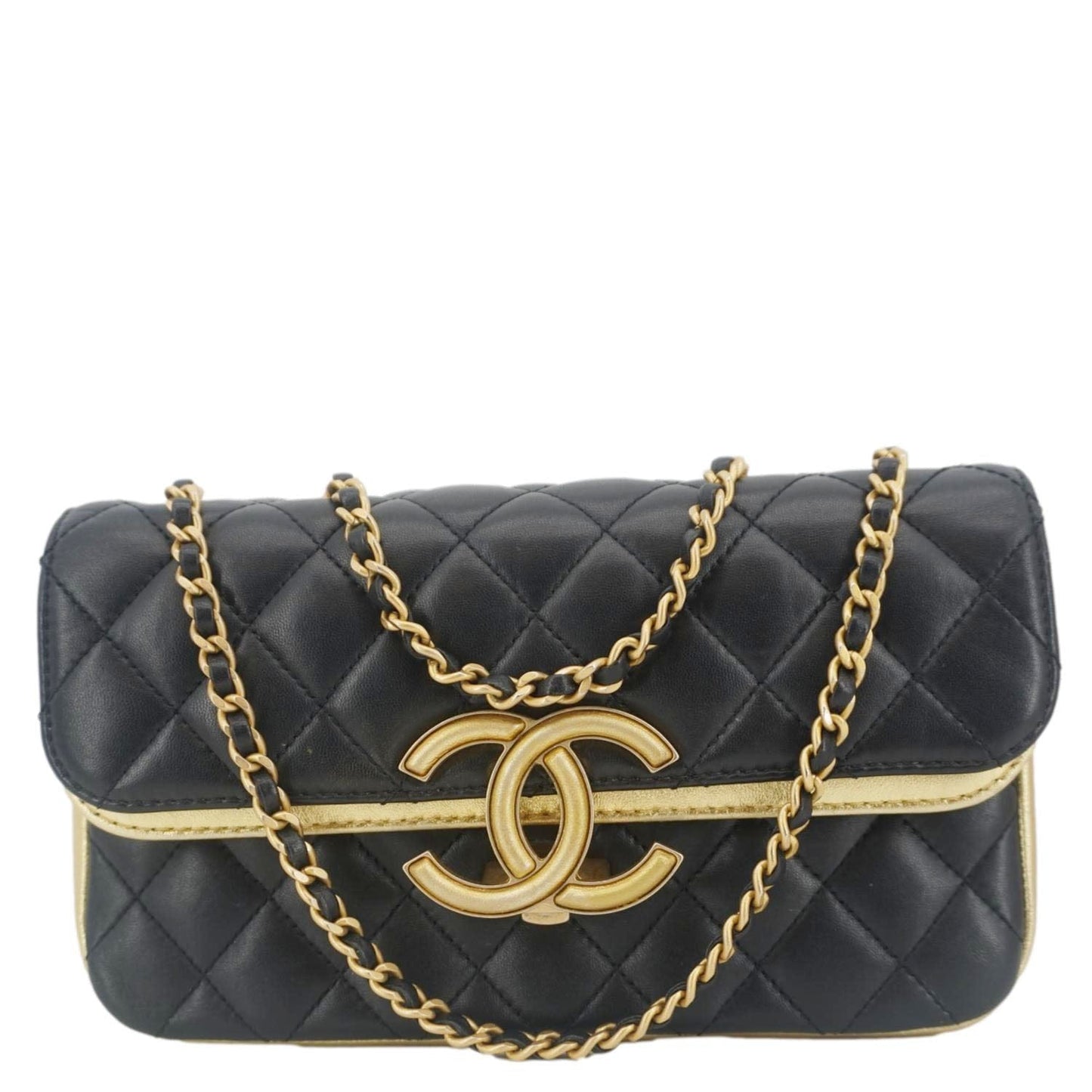CHANEL CC Double Flap Quilted Leather Shoulder Bag Black