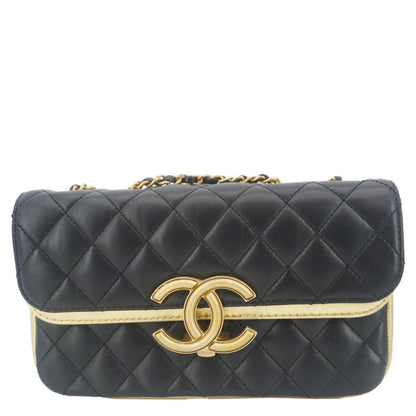 CHANEL CC Double Flap Quilted Leather Shoulder Bag Black