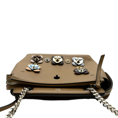 FENDI DotCom Flower Embellished Leather Shoulder Bag Tan