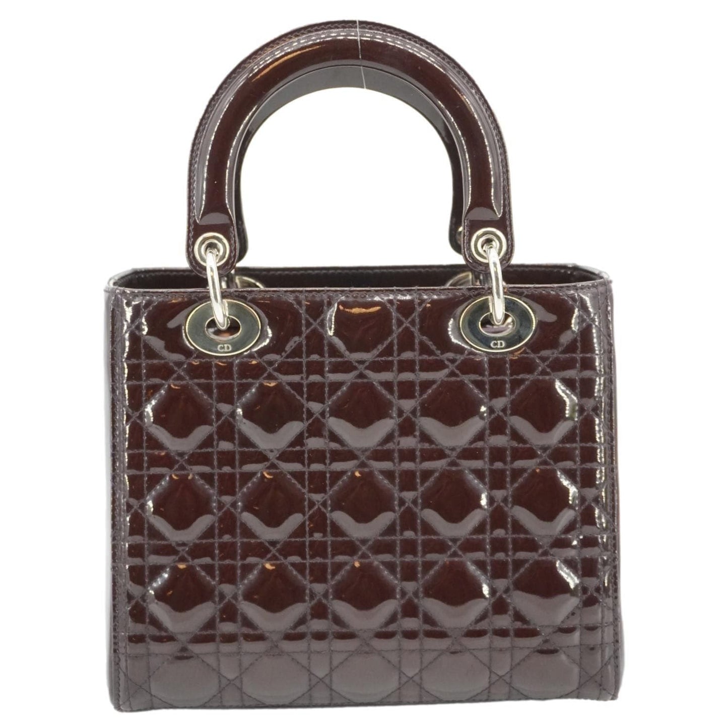 CHRISTIAN DIOR Lady Dior Quilted Patent Leather Shoulder Bag Burgundy