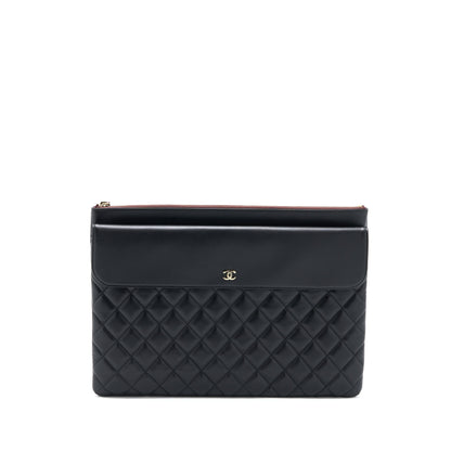 Chanel Quilted Zip and Flap Pouch/Clutch Large Model Lambskin Black L