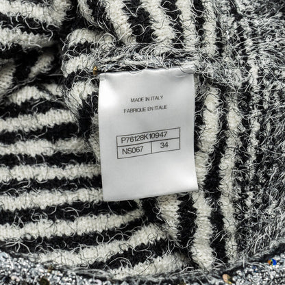Chanel Size 34 23K Sequin Striped Knitted Off-the-shoulder Top Black/White/Silver