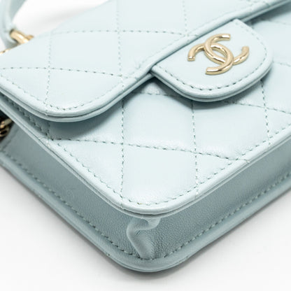 Chanel Top Handle Mini Flap Clutch with Chain Lambskin Light Blue L