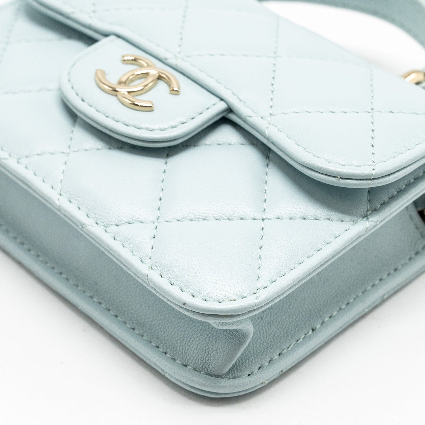 Chanel Top Handle Mini Flap Clutch with Chain Lambskin Light Blue L