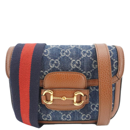 GUCCI Horsebit 1955 Flap Mini Denim Shoulder Bag Blue 658574