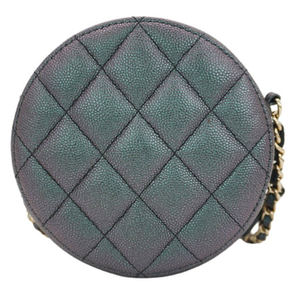 CHANEL Round Quilted Iridescent Caviar Leather Clutch Crossbody Bag Green